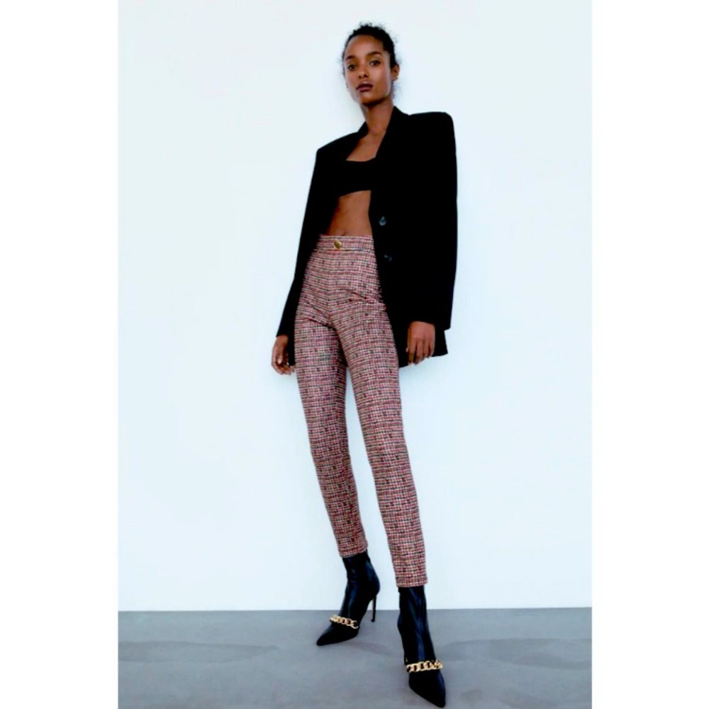 ZARA CHECK BONDED LEGGINGS PANTS RHINESTONE BUTTON